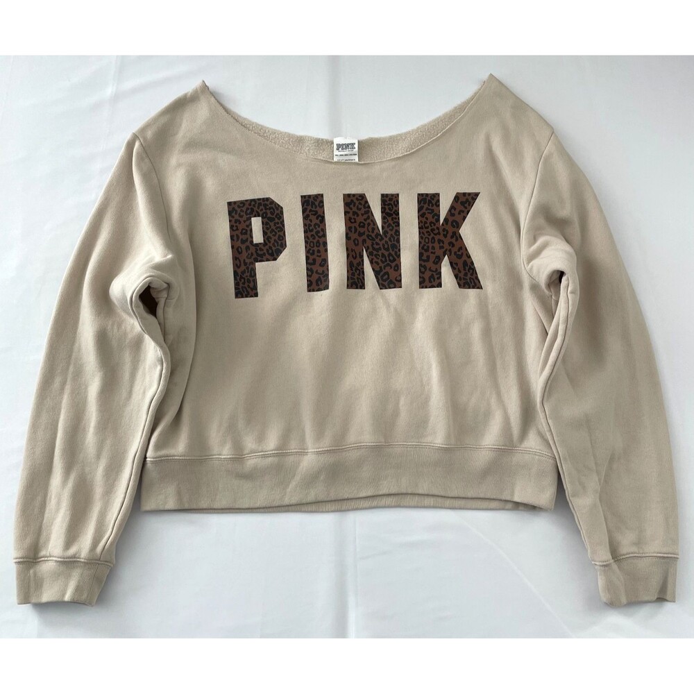 Victoria’s Secret PINK Sweatshirt XXL Beige Leopard Logo Wide Neck Pullover